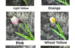Detail view of lifelike PU tulips in light yellow, orange, pink, and wheat yellow shades