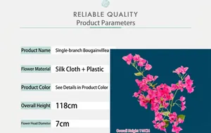 Detail specifications of 118cm artificial bougainvillea branch with pink silk flowers
