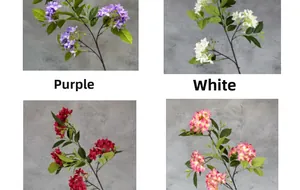 Detail view showing artificial hydrangea stems in purple, white, red and pink yellow shades