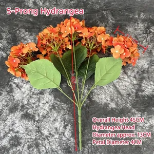 Orange 5-head artificial hydrangea bouquet with 45cm height for home and wedding decor