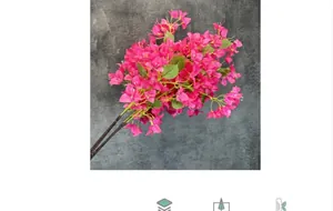 Close-up of realistic fuchsia bougainvillea silk petals with detailed green leaves