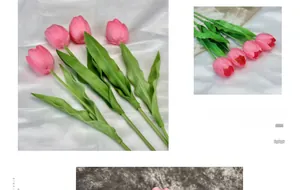 Close-up detail of realistic pink PU tulips with natural texture on white silk fabric