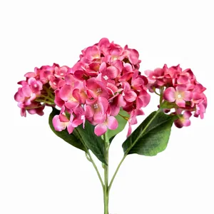 Artificial deep pink hydrangea cluster with five heads and realistic green leaves