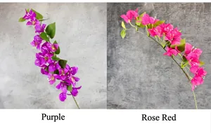 Detail of purple and rose red artificial bougainvillea flowers with natural leaf veins