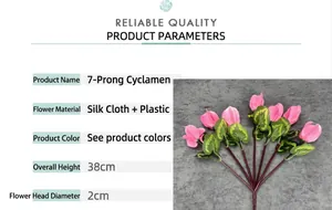 Detail view of pink artificial cyclamen with leaf texture and 38cm size specifications