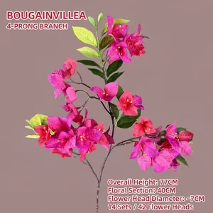 Single spray of realistic pink bougainvillea with 4 branches and lush green leaves