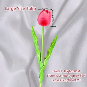 Single realistic red PU tulip artificial flower stem with green leaves on white background