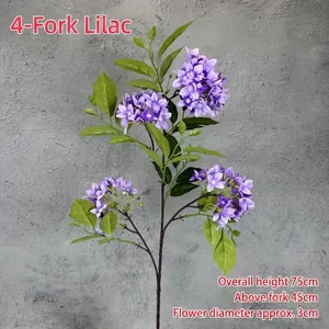 Artificial 75cm purple 4-fork lilac branch with green leaves for wedding home decor