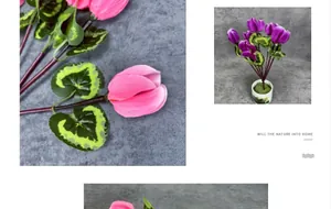 Macro detail of artificial cyclamen petals and realistic patterned green silk leaves