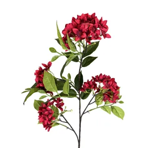 Realistic faux red hydrangea branch with lush green leaves for wedding home decor