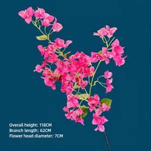 Vibrant magenta 118cm artificial bougainvillea branch with silk flowers and green leaves