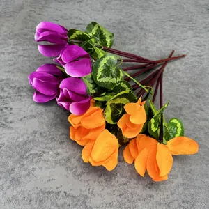 Artificial 7-fork cyclamen bouquet with realistic purple and orange silk flower petals
