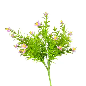 Artificial baby's breath greenery bouquet with purple flowers on white background