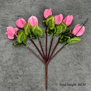 Artificial 38cm pink cyclamen silk flowers with 7 stems and decorative green leaves