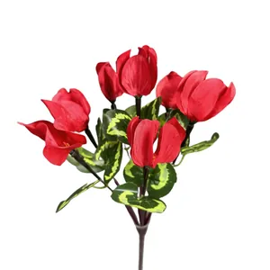 Artificial 7-fork red cyclamen plant with green mottled leaves on a white background