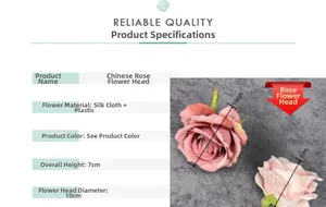 Detailed size chart showing 10cm diameter of the artificial matte fabric rose head
