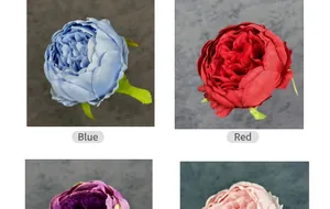Detail von künstlichen Seidenpfingstrosen in Blau, Rot, Lila und Rosa für Dekorationen