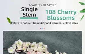 Detail of single stem artificial cherry blossom with 108 realistic pink-white flower heads