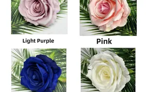 Macro detail of artificial matte fabric roses in lavender, pink, blue, and white colors