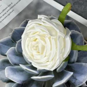 Artificial white satin rose flower head with green leaves for wedding floral decoration