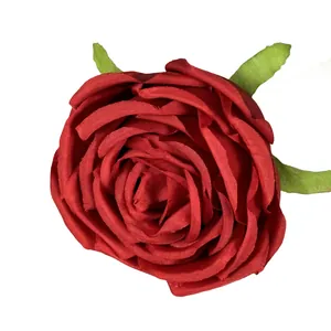 Realistic red silk rose head with green leaves for wedding decor and home flower wall