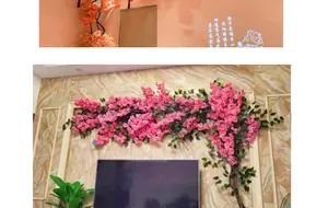 Pink artificial cherry blossom branches for living room wall decoration and interior design