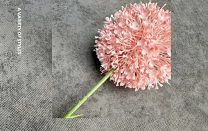 Gros plan d'une fleur d'oignon rose artificielle avec une tige en plastique vert réaliste