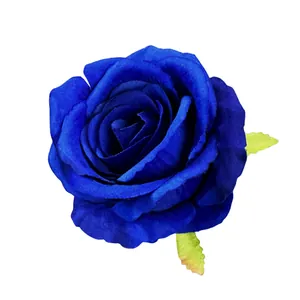Deep blue silk artificial rose flower head with green leaves for wedding decor