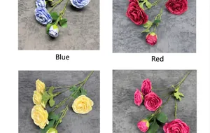 Detail view showing artificial rose bouquets in blue red yellow and rose red colors