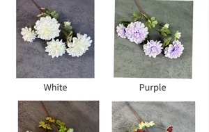 Vue détaillée de dahlias artificiels blancs et violets avec des pétales en soie réalistes