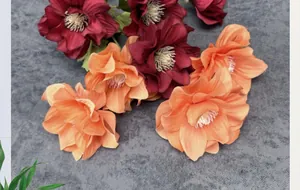 Detailed close-up of dark red and orange silk anemone flower heads with yellow stamens