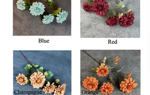 Détail de bouquets de dahlia artificiels en bleu, rouge, champagne et orange