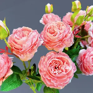 Kunstmatige 3-koppige roze pioenroos met realistische bladeren voor bruiloft decor