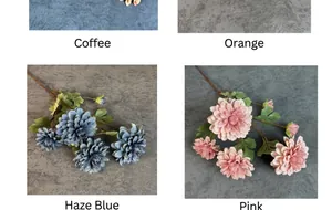 Vue détaillée de fleurs de dahlia artificielles en soie en café, orange, bleu et rose