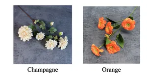 Vue détaillée de dahlias en soie couleur champagne et orange avec des pétales réalistes