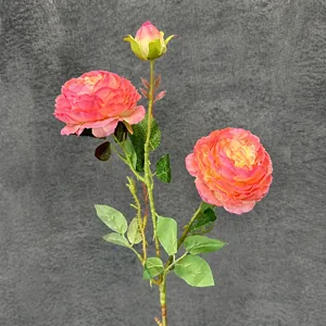 Kunstmatige 3-kops pioenroos tak met roze-oranje zijden bloemen voor interieur decor