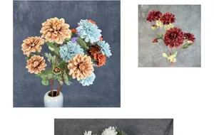Détails de têtes de dahlias artificiels en soie colorée pour décoration d'intérieur