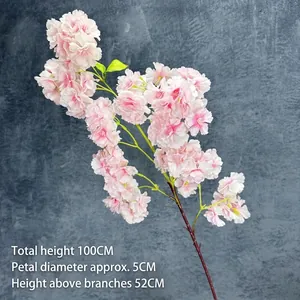 Pink artificial cherry blossom branch 100cm with multi-layer petals for home decor