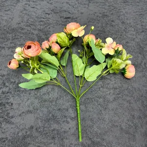 Pink artificial tea rose bouquet with 10 buds and 5 branches for home wedding decor 30cm