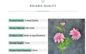 Detail van een 3-koppige roze zijden dahlia met hoogte- en diameter afmetingen