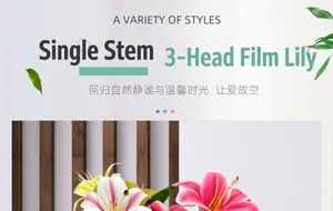 Detail of 3-head artificial lily with realistic film texture and pink-white petals