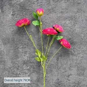 Single stem 5-head silk Ranunculus flower in rose red for wedding decor, 79cm height