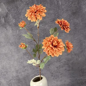 Artificial 6-head orange dahlia faux silk flower in a white ceramic vase for home decor