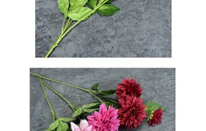 Close-up of lifelike burgundy and pink dahlia petals with realistic green leaves