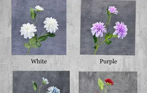 Detailopname van realistische zijden dahlia's met 3 koppen in wit en paarstinten