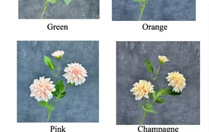 Macro-details van kunstmatige dahlia bloemen in groen, oranje, roze en champagne