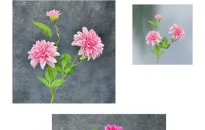 Detail van roze kunstmatige dahlia met 3 koppen, zijden bloemblaadjes en een natuurlijke knop