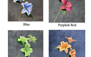 Detail of 3D artificial lilies in blue, magenta, green and orange with realistic petals