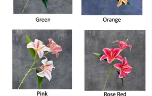Detail view of 3D artificial lily flowers in green, orange, pink and rose red variants