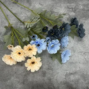 6-head artificial zinnia bouquet in blue and cream colors for home wedding decoration